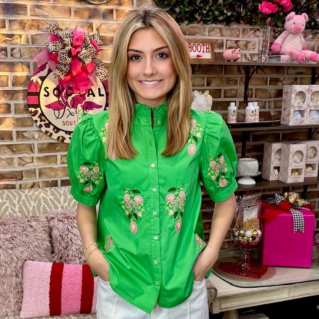 Entro Ruffle Neck Green Top