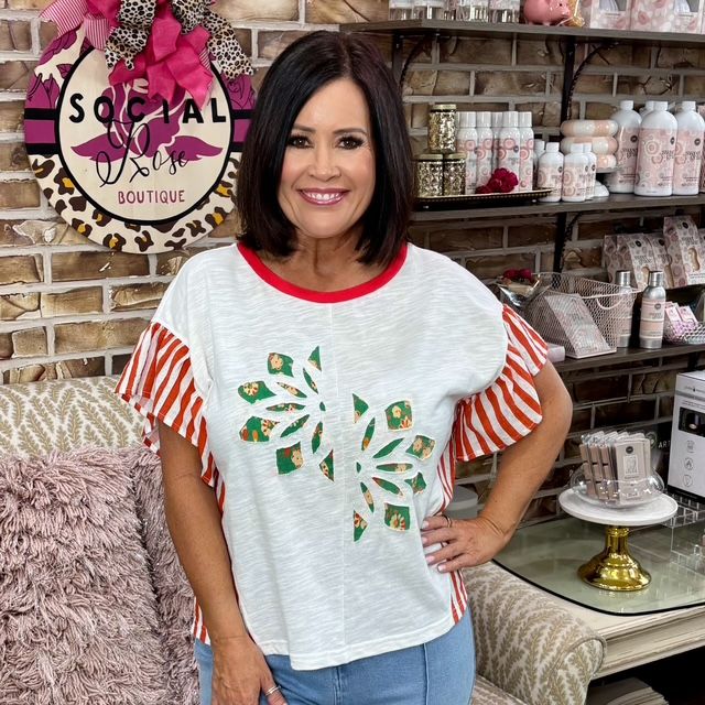 VOY Red Slub Striped Top