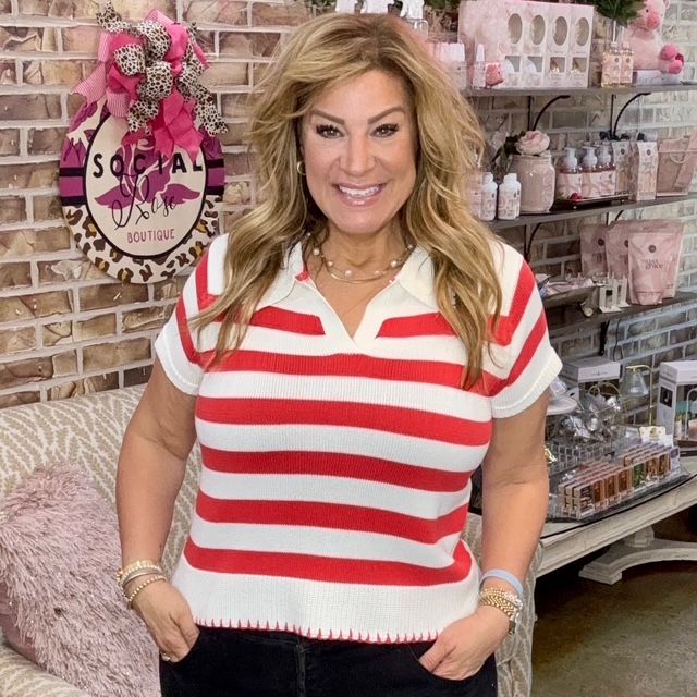 Skies Are Blue White Coral Stripe Top