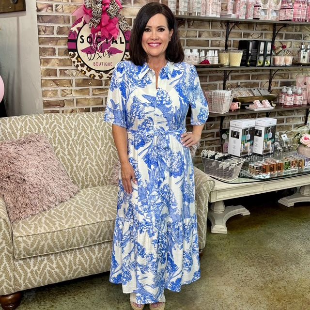 Voy Blue Floral Midi Collar Dress
