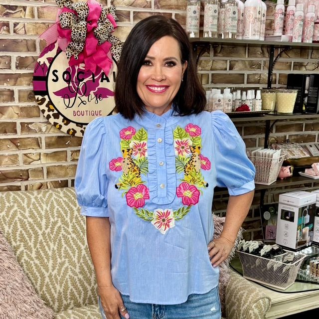 THML Tiger Embroidery Blue Top