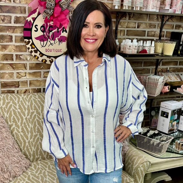 Sunday Blue Striped LS Button Top
