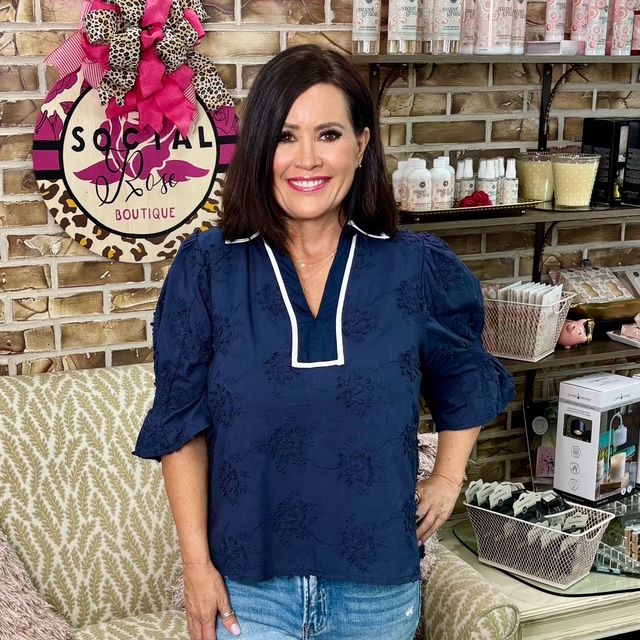 Jodifl Navy V Neck Trim Top