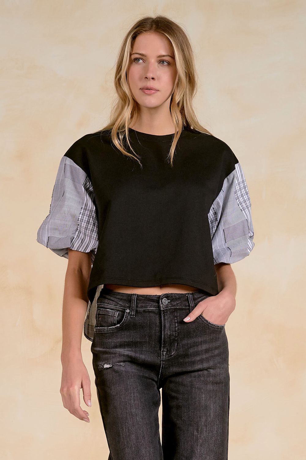 Elan Black Plaid Sleeve Top