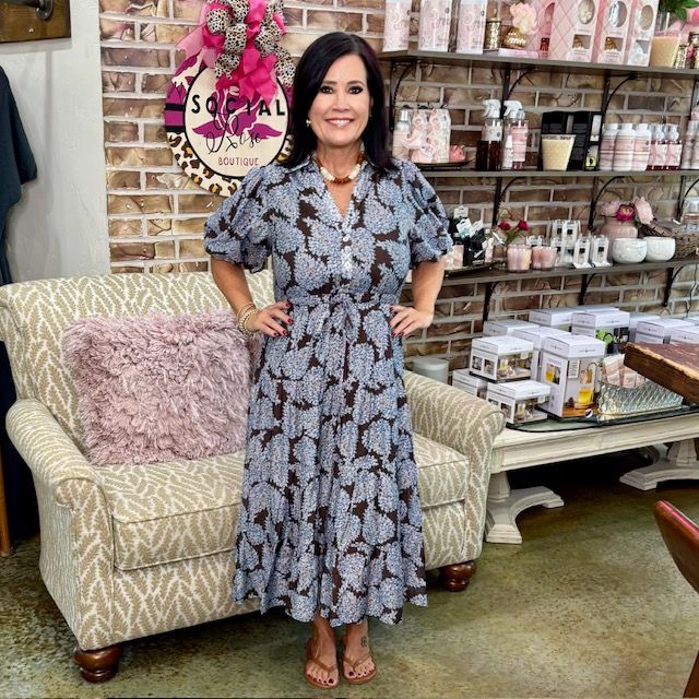 Pinch Floral Brown Blue Print Dress