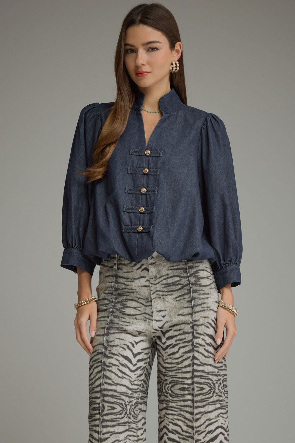 Entro Dark Denim Ribbon Top