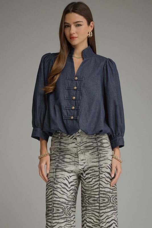 Entro Dark Denim Ribbon Top