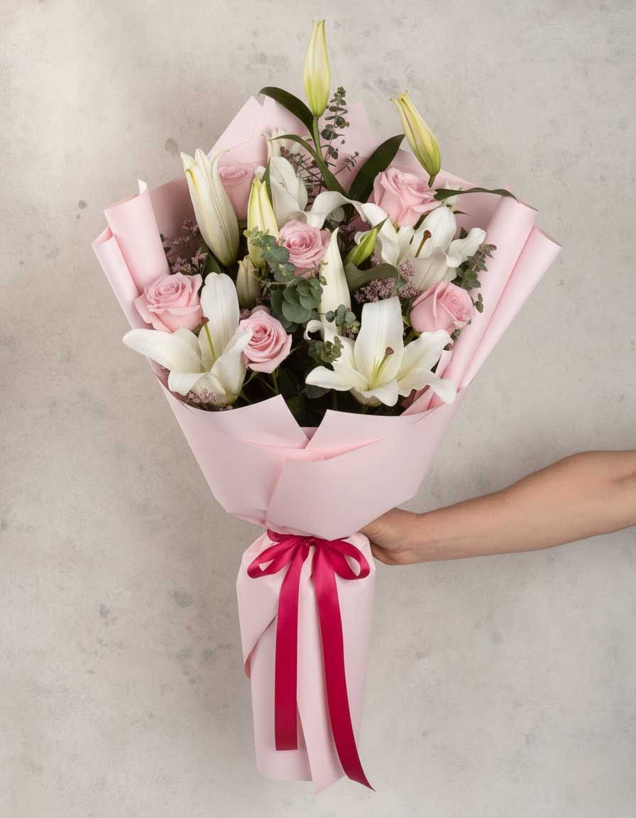 Bouquet of white lilies and pink roses