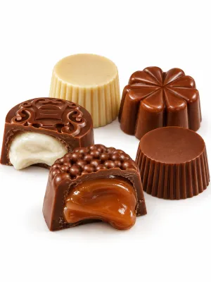 Assorted Drimer milk and white chocolates, cut open to show their mint cream and dulce de leche fillings