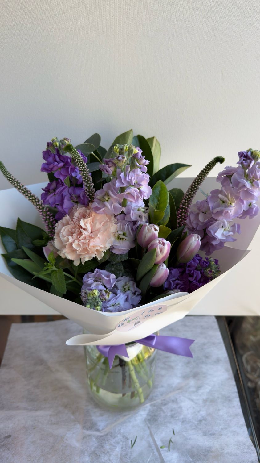 Tulip And Stocks Flower In Lilac And Pink