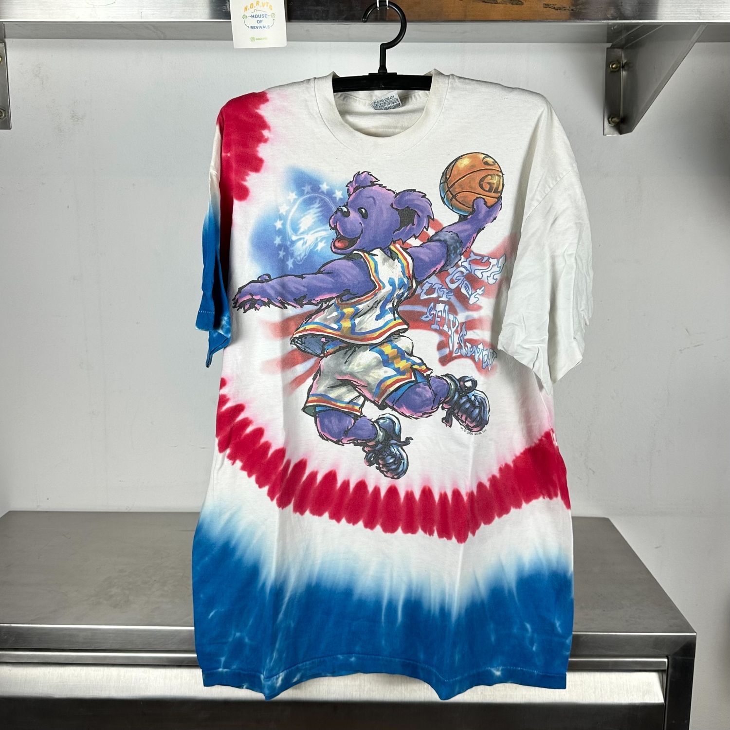 1996 Grateful Dead Bear Basketball Dunk Liquid Blue single stitch Tie Dye Shirt