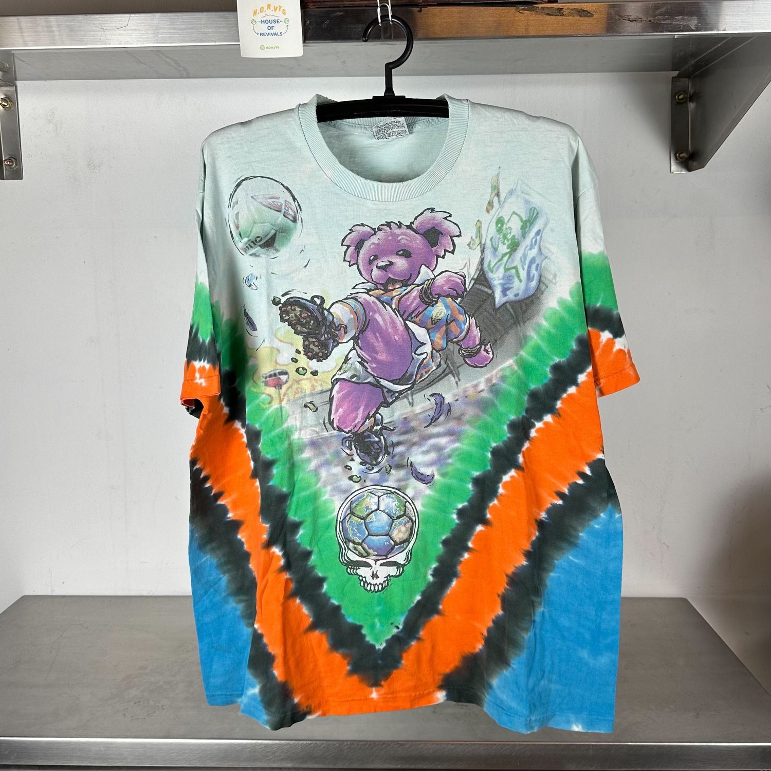 ​Vintage 90s Grateful Dead Bear Soccer Liquid Blue Tie Dye All over print XL T-shirt
