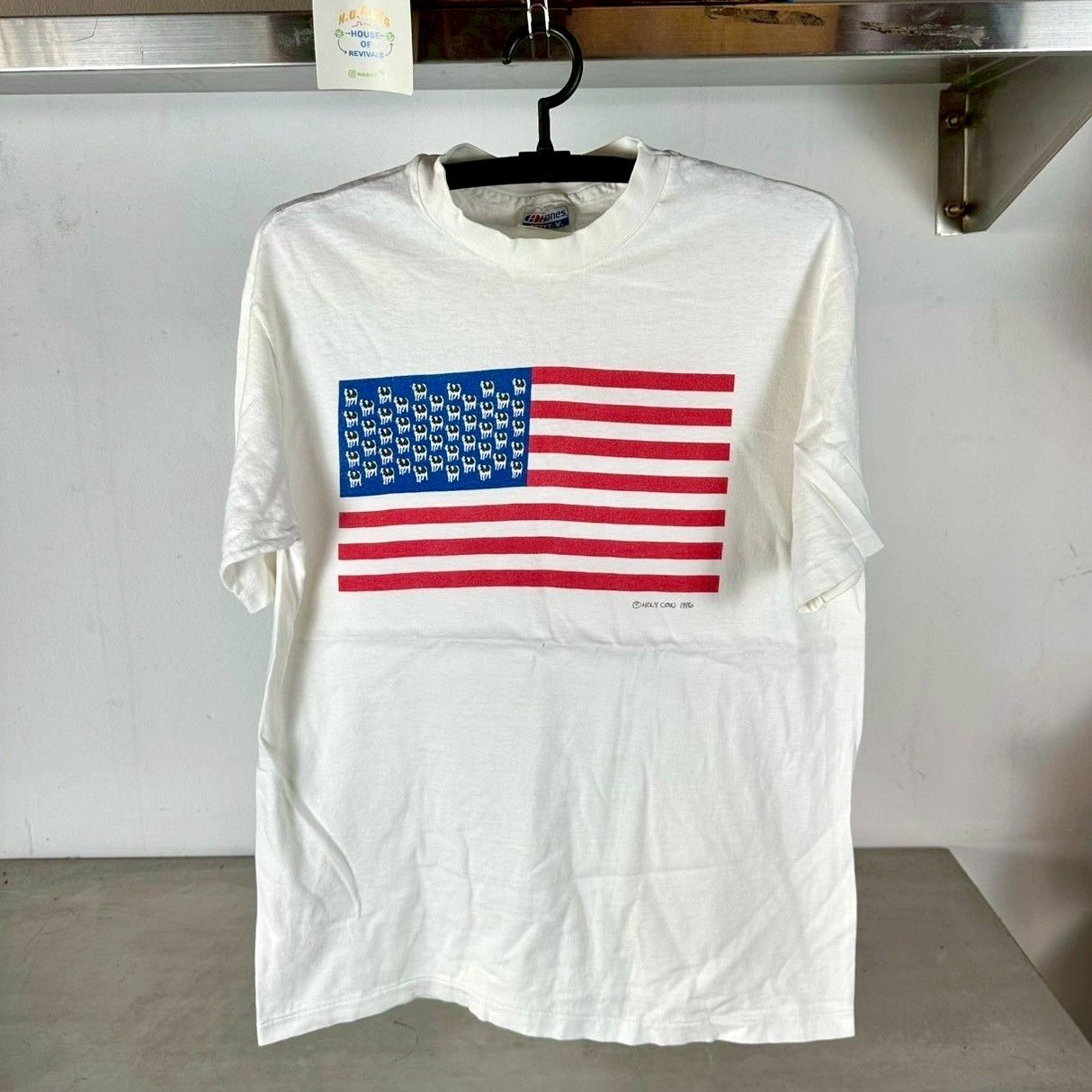 Vintage 1986 Holy Cow USA Flag Artwork Large Single Stitch T-shirt
