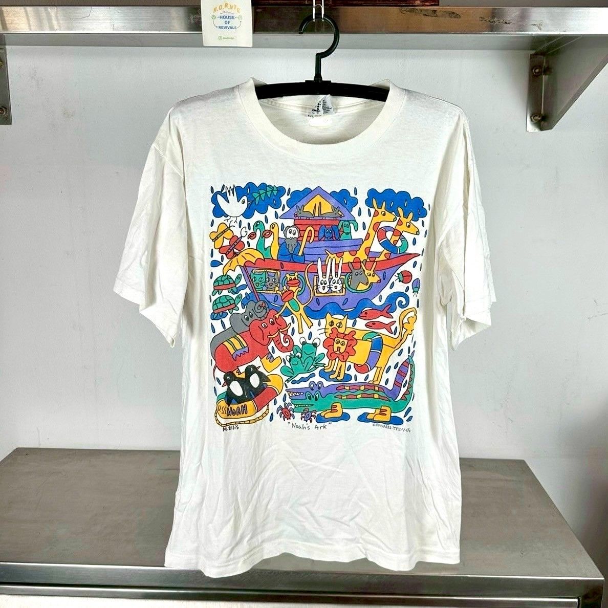 Vintage 1995 Noah&#39;s Ark Animal Painting Artwork Large Single Stitch T-Shirt