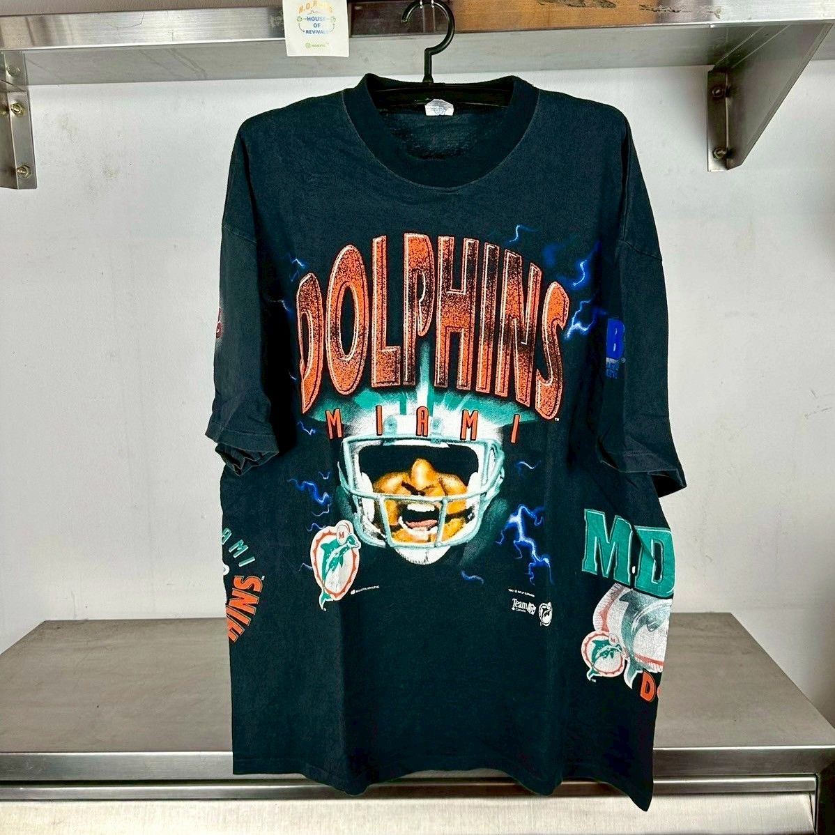 Vintage 90s Miami Dolphins Thunder AOP NFL Bulletin Athletic XL single stitch T-shirt
