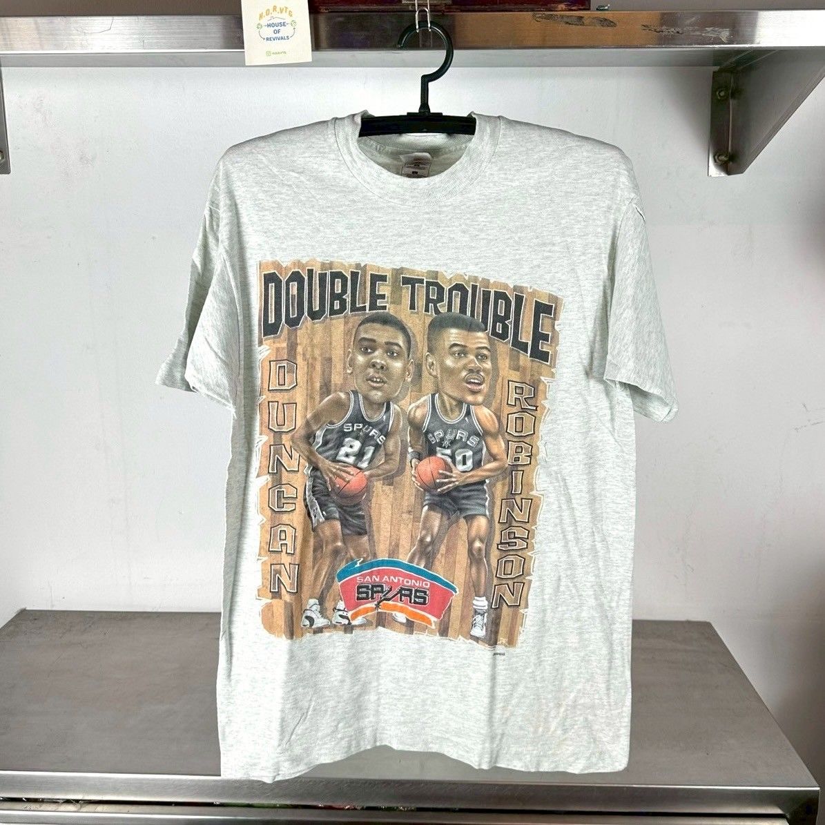 Vintage 90s San Antonio Spurs Tim Duncan David Robinson Double Trouble NBA Caricature Large Single Stitch T-shirt