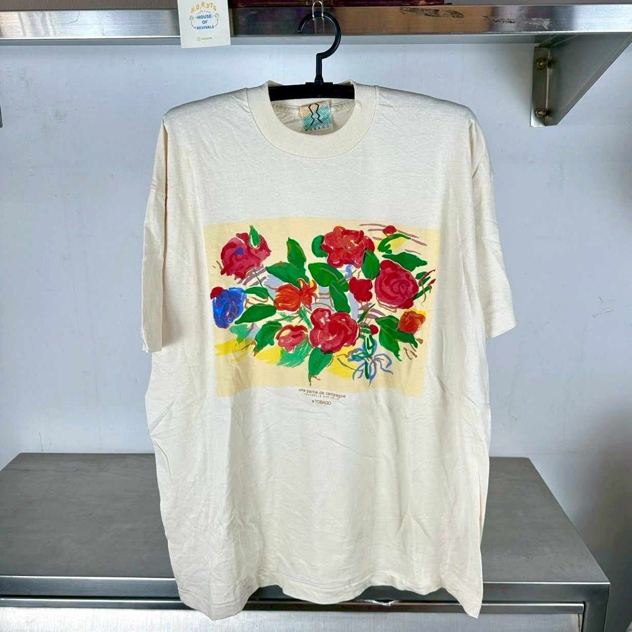 ​Vintage 90s Tobago Flower Painting Artwork XL Single Stitch T-Shirt
