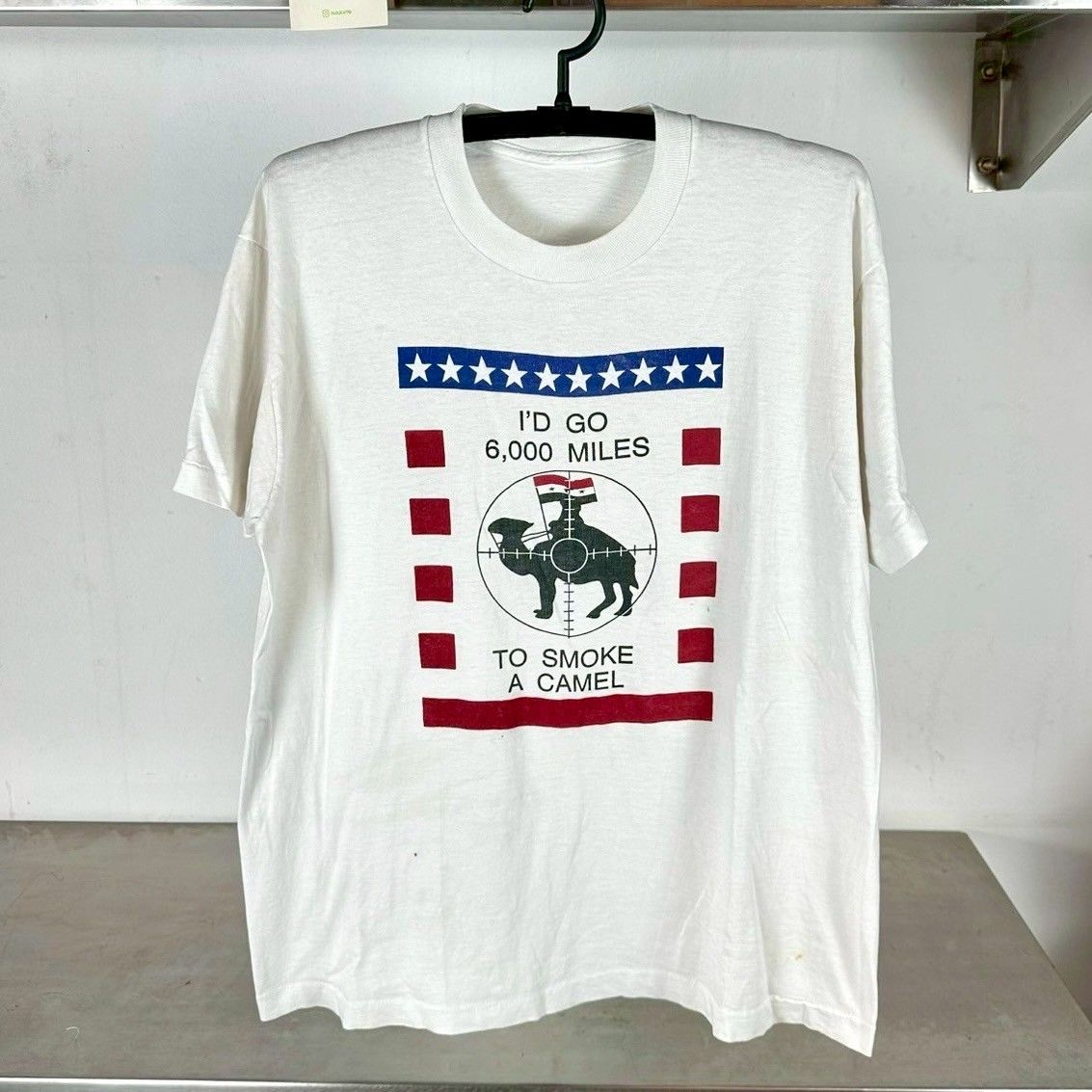 ​Vintage 90s I&#39;d Go 6,000 Miles To Smoke a Camel War Humor XL Single Stitch T-Shirt