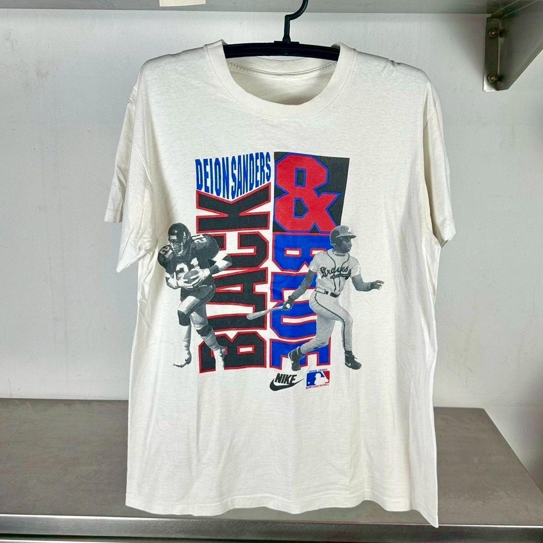​Vintage Nike 90s Deion Sanders Black % Blue NFL MLB Large Single Stitch T-shirt