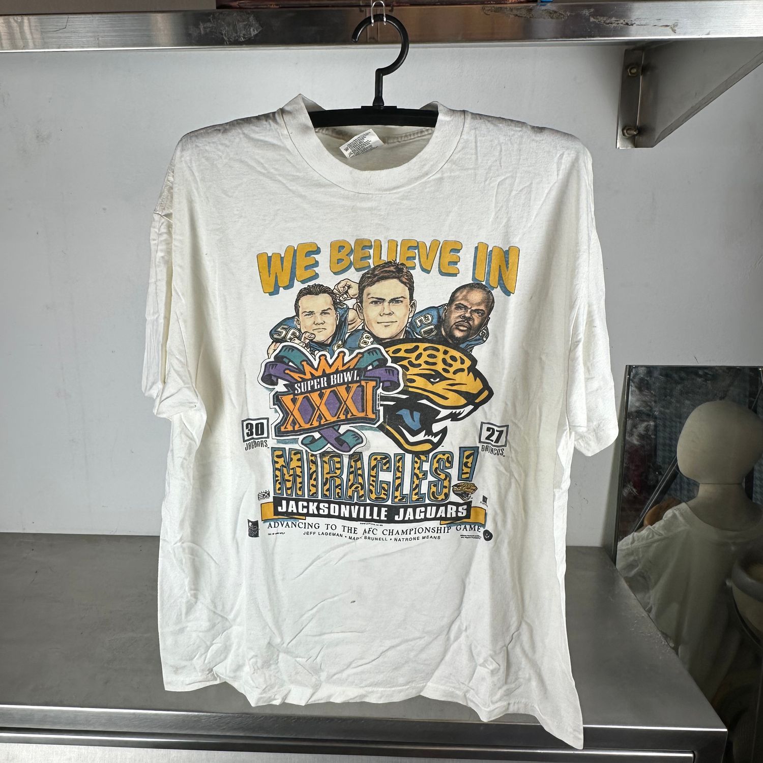 ​Vintage 1997 Jacksonville Jaguars We Believe in Miracles NFL Caricature T-shirt