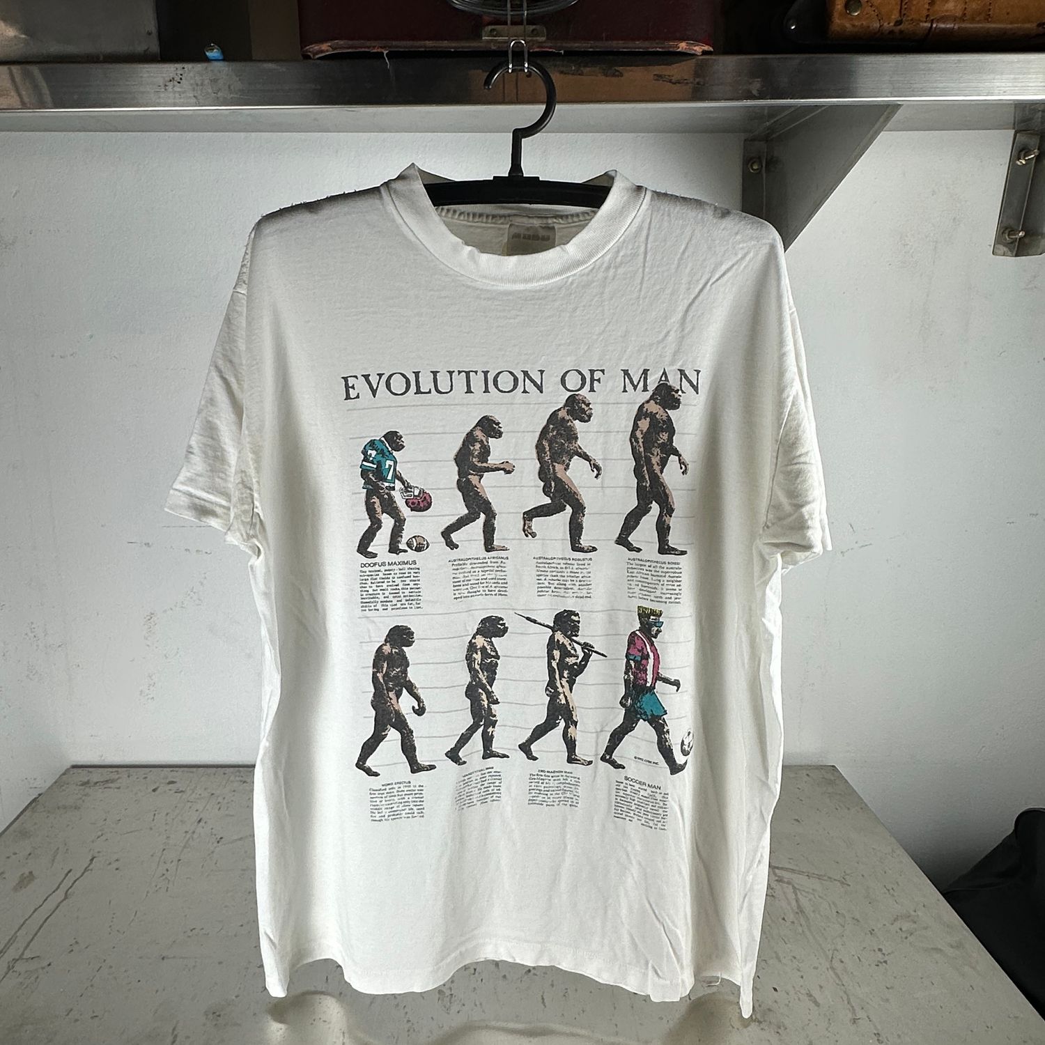 ​​Vintage 1992 Evolution of Man Soccer Humor Artwork Graphic T-shirt