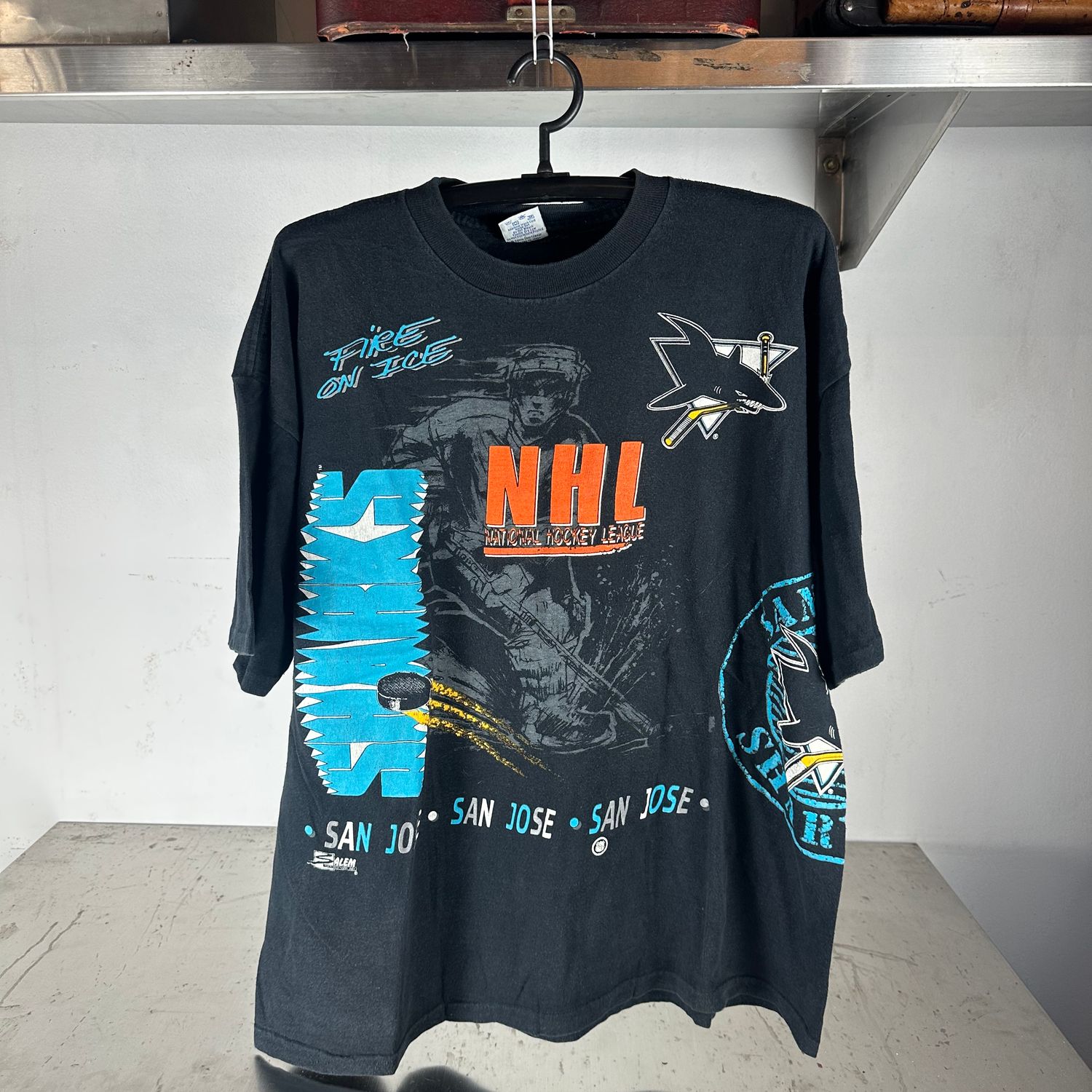 ​​Vintage 90s San Jose Sharks Fire On Ice NHL AOP Salem Sportswear XL T-shirt