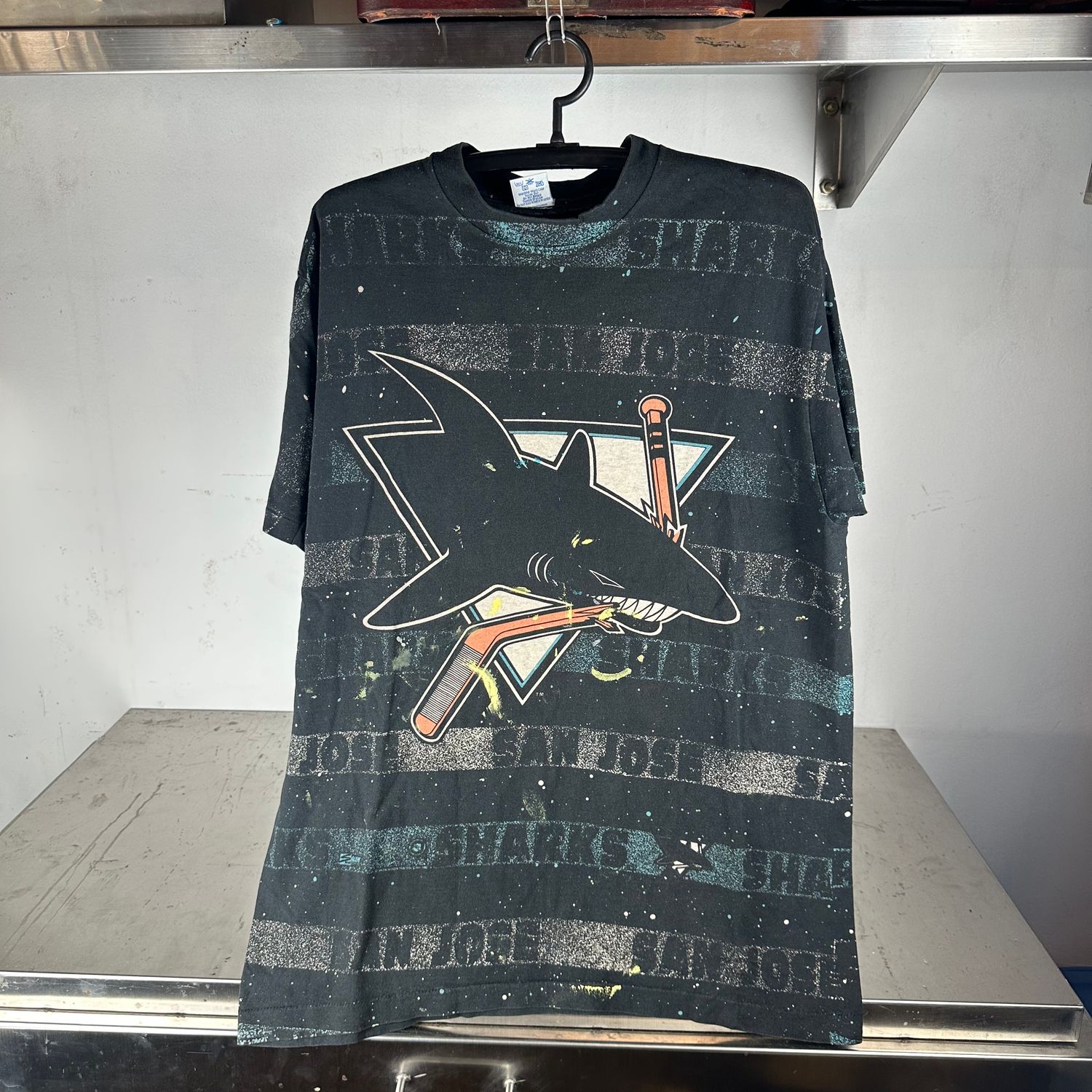 ​​Vintage 90s San Jose Sharks All Over Print NHL AOP T-shirt
