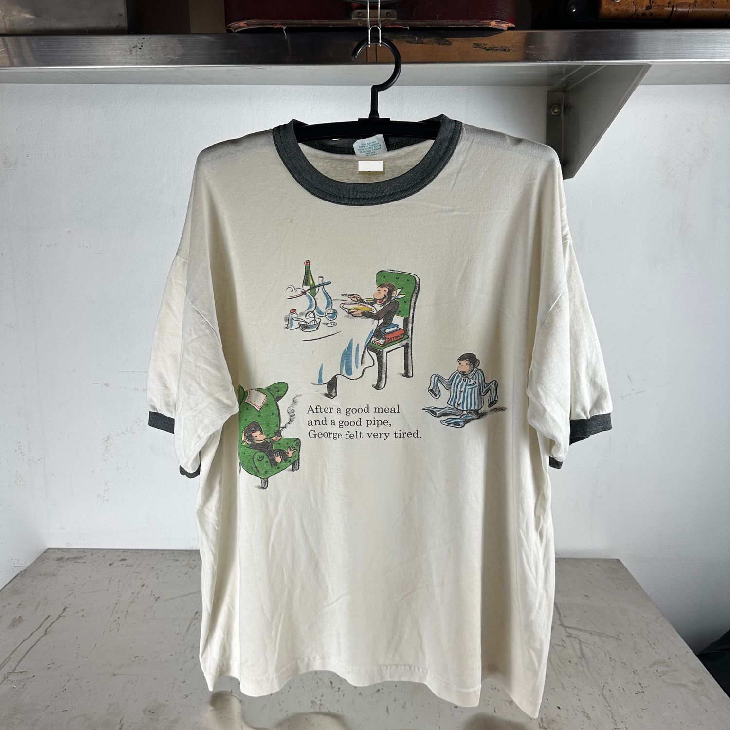 ​​Vintage 1995 Curious George After A Good Meal and Pipe Ringer T-shirt