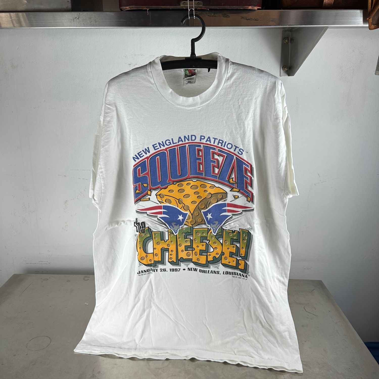 ​Vintage 1997 New England Patriots Squeeze The Cheese NFL T-Shirt