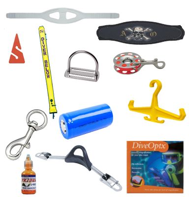 Diverse duikmaterialen en accessoires voor veiligheid, onderhoud en reserveonderdelen voor een zorgeloze duikervaring.