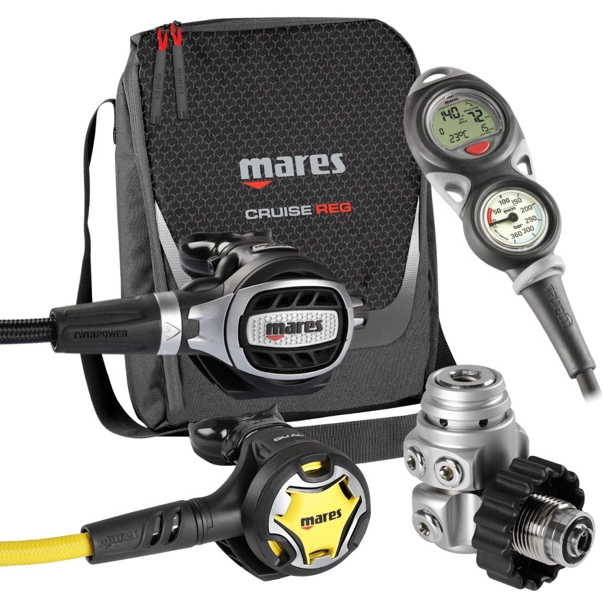 Mares 62X DIN / Ultra Adj/ octopus Dual + Mission Puck2, Laatste stuk: Met Computer en manometer