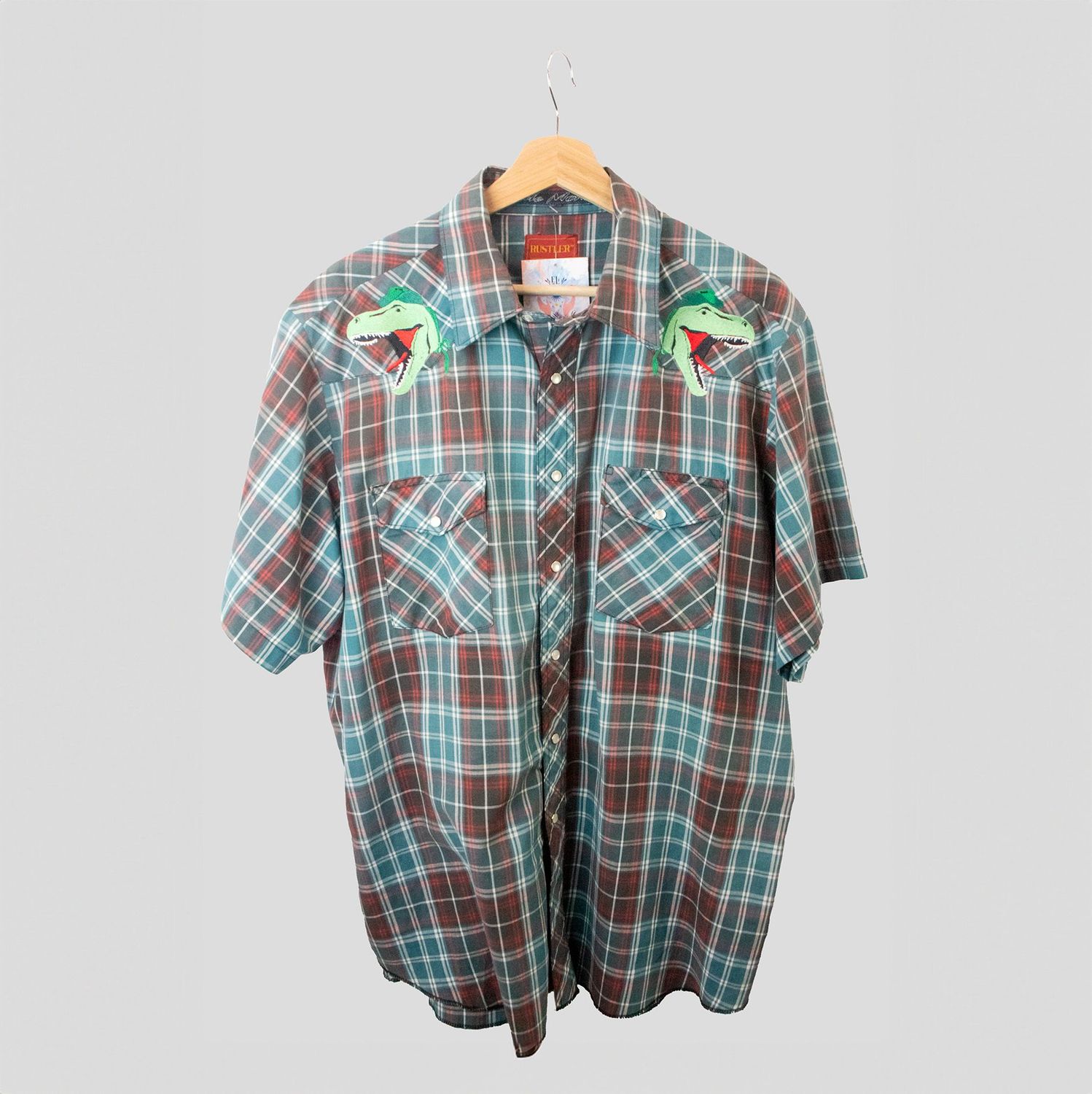 CAMISA CUADROS BORDADOS DINOSAURIO 80S