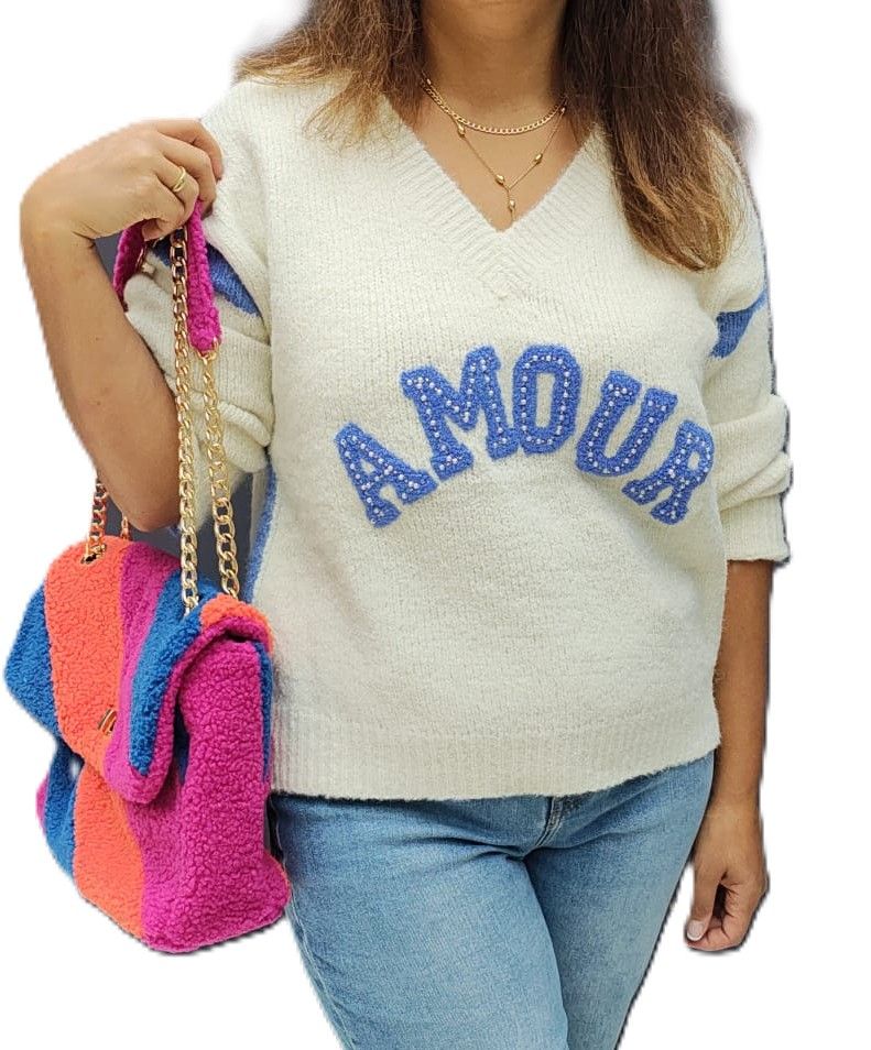 Pull “Amour” – Écru &amp; Bleu – Taille Unique
