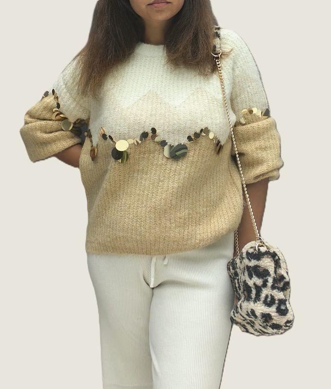 Pull “Alpine” – Écru &amp; Beige avec Paillettes Dorées