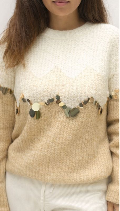 Pull “Alpine” – Écru &amp; Beige avec Paillettes Dorées