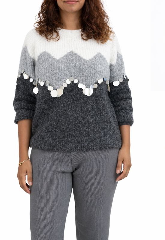 Pull “Alpine” Gris &amp; blanc avec Paillettes Dorées