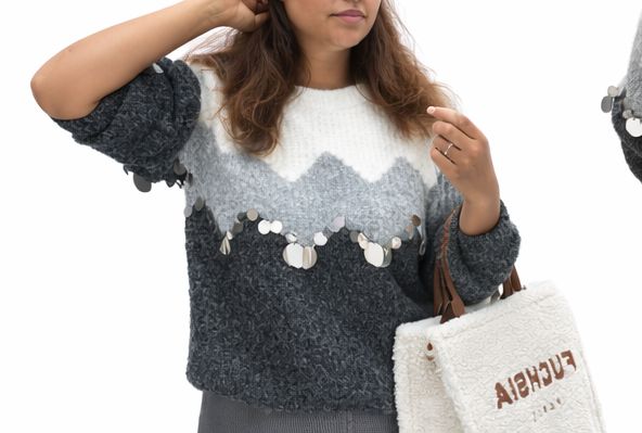 Pull “Alpine” Gris &amp; blanc avec Paillettes Dorées