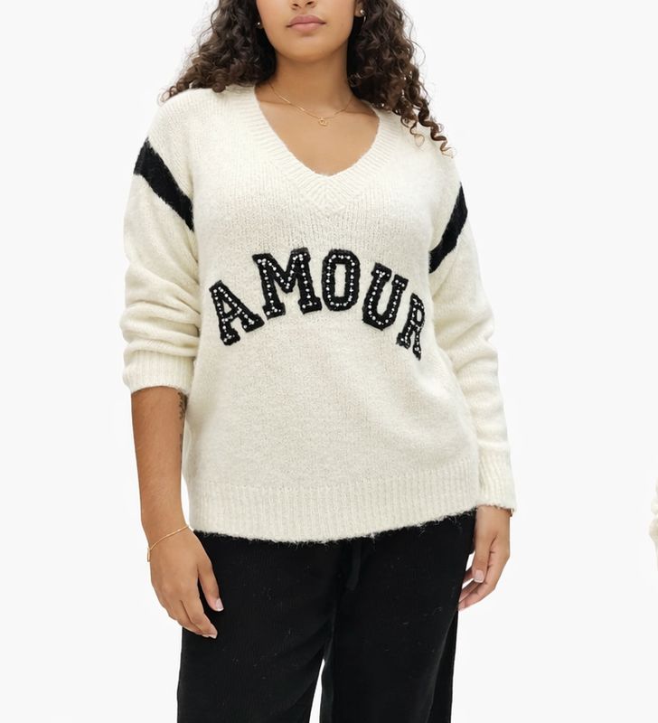 Pull “Amour” – Écru &amp; Noir – Taille Unique