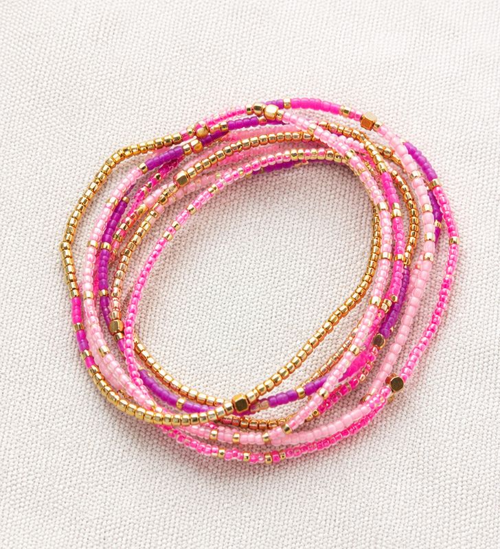 Bracelet Multi-Rangs Perles Roses &amp; Dorées