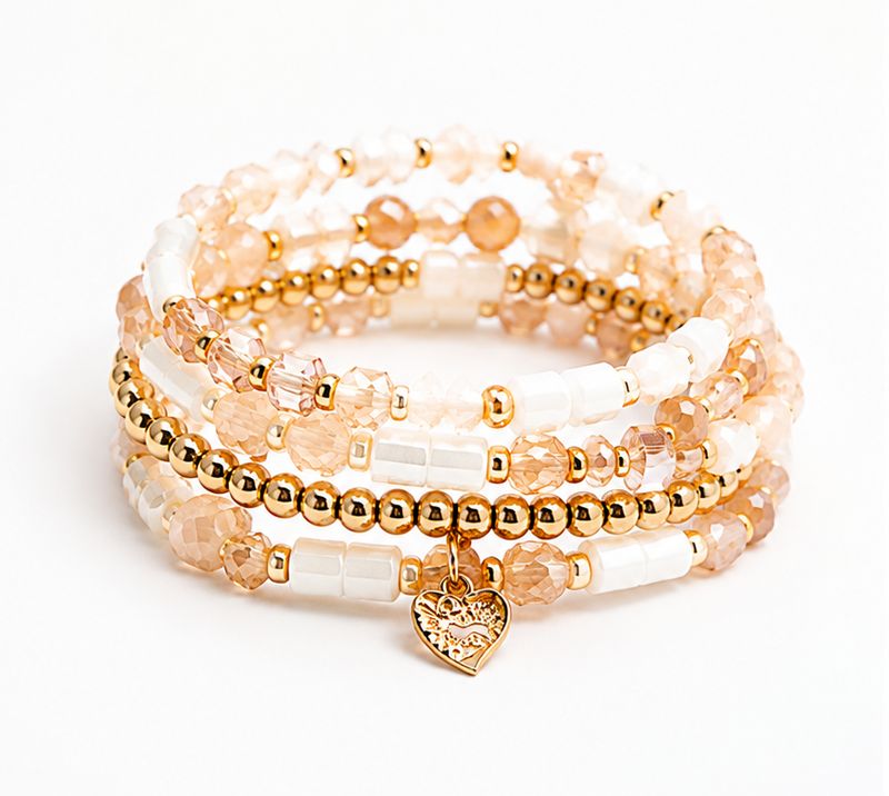 Bracelet Multi-Rangs Blanc &amp; Doré avec Cœur