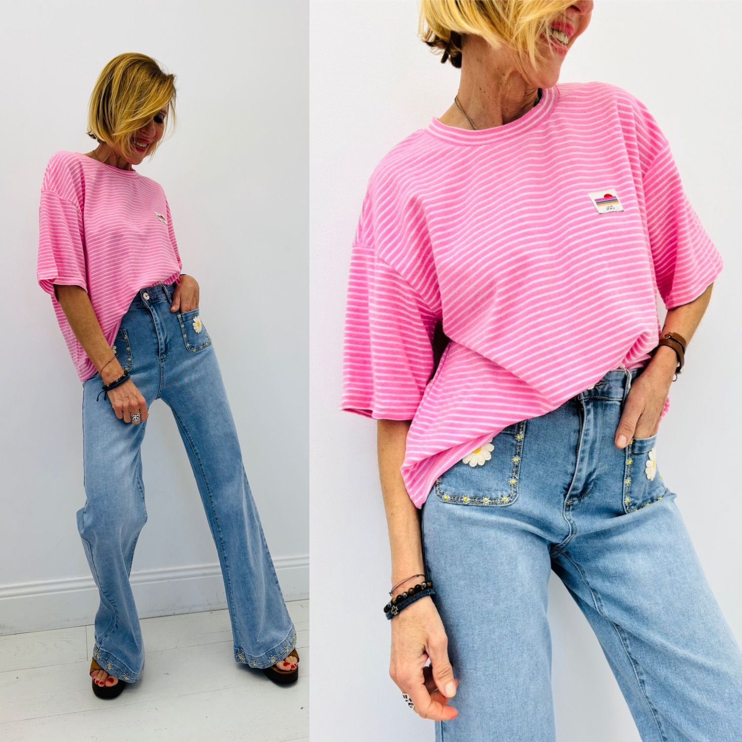 T-Shirt A Rayures Eponge, Couleur: Rose