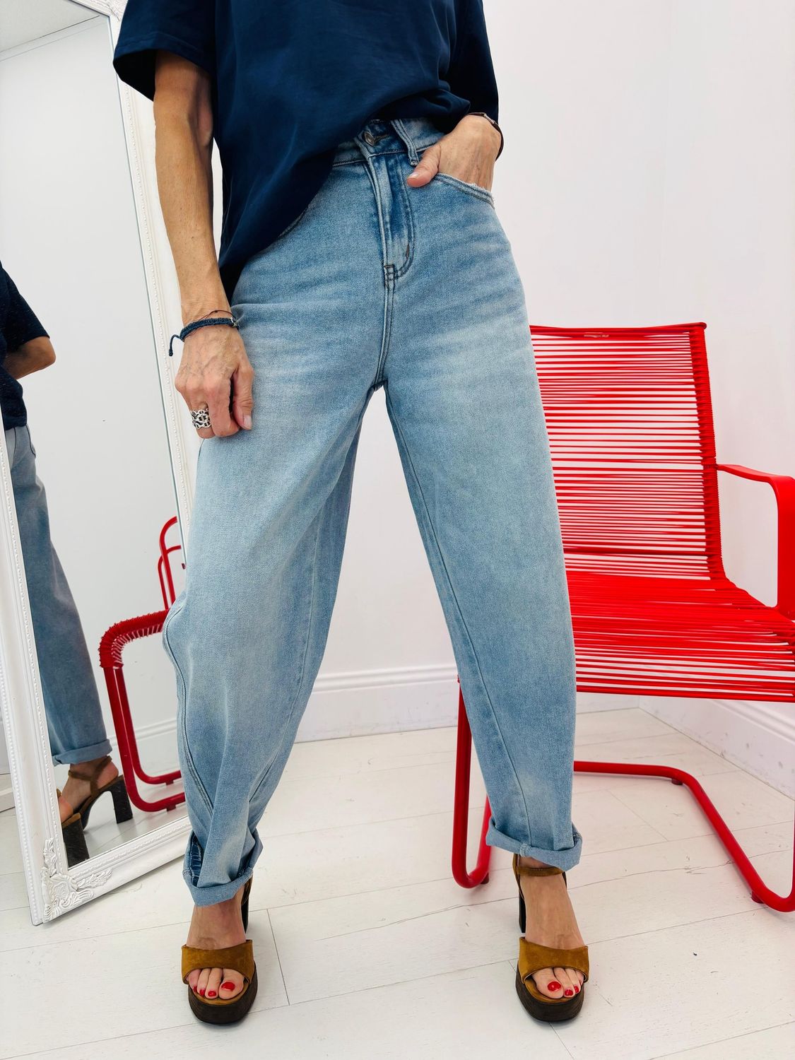 Jean Denim Coupe Barrel, Taille: 34