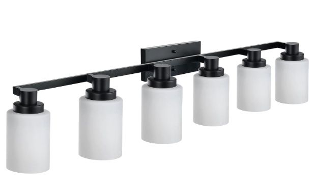 6-Lights Black Vanity Lighting, Modern Bathroom Light Fixtures Over Mirror with Milk White Glass Shade, Wall Sconce Lamp E26 Bulb Base