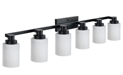 6-Lights Black Vanity Lighting, Modern Bathroom Light Fixtures Over Mirror with Milk White Glass Shade, Wall Sconce Lamp E26 Bulb Base