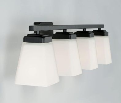 4-Light Matte Black Bathroom Vanity Light - Modern Soft White Glass