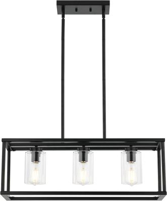 3 Light Farmhouse Chandelier, Black Modern Pendant Lighting with Clear Glass