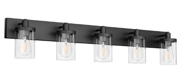 5-Light Matte Black Bathroom Vanity Fixture - Industrial Design with Clear Glass Shades
