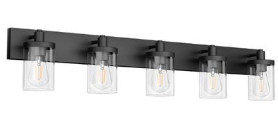 5-Light Matte Black Bathroom Vanity Fixture - Industrial Design with Clear Glass Shades