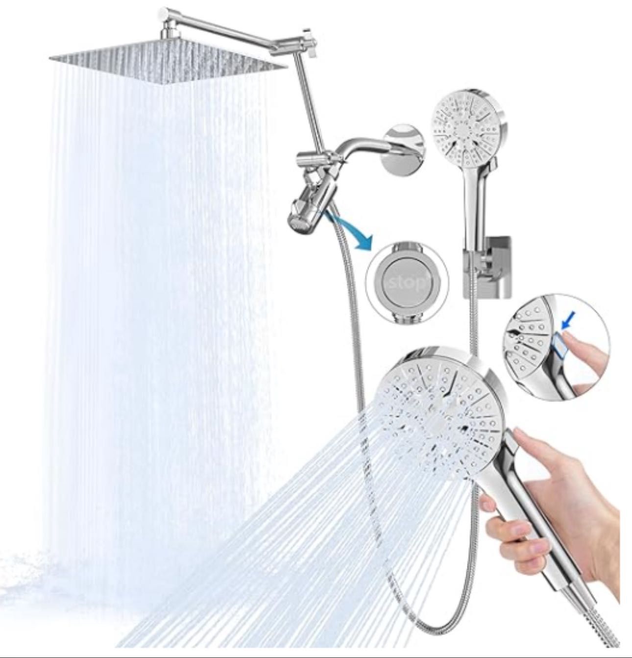 Rain Shower Head Combo with 6-Function - Silver