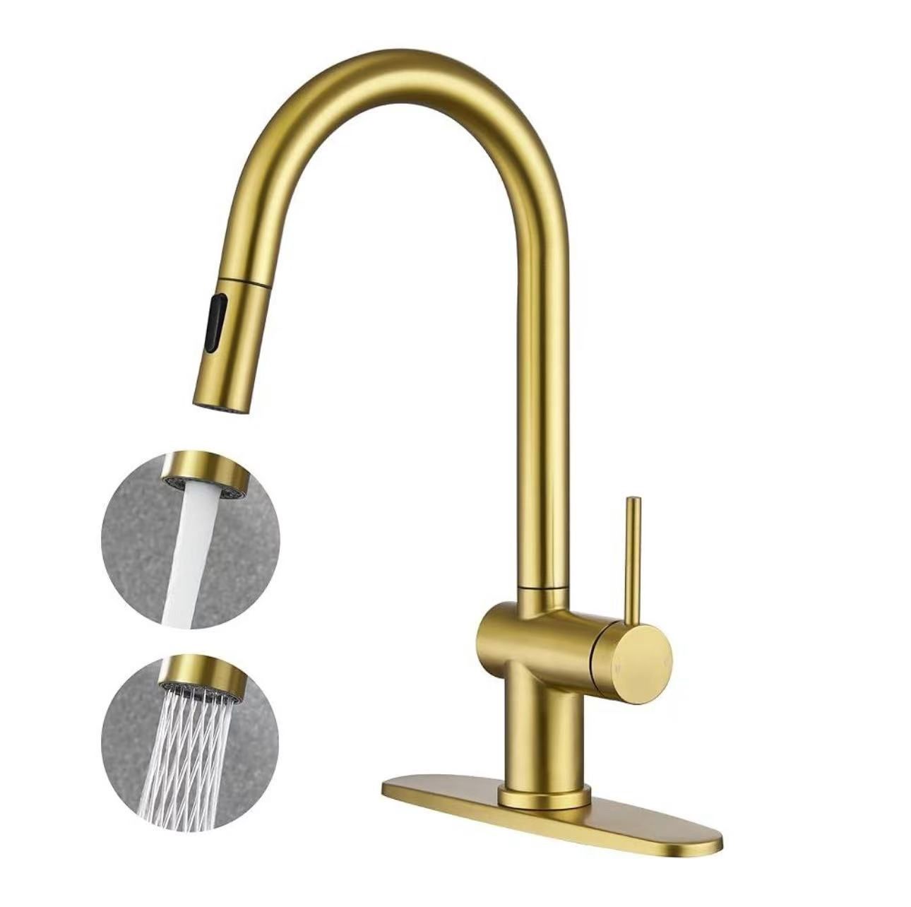 Modern Kitchen Faucet with Pull-Down Sprayer - Gold